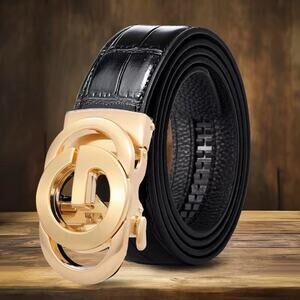 G-Buckle Men’s Genuine Leather Ratchet Belt Black Gold Automatic Buckle NWT